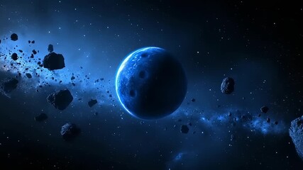Wall Mural - Blue planet surrounded by asteroids in deep space