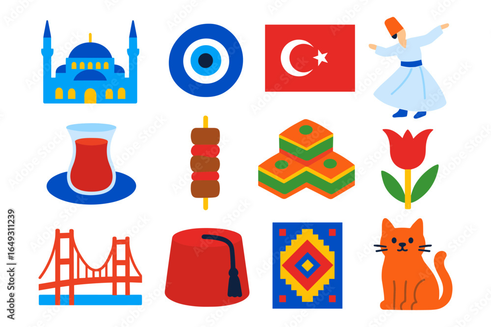 Turkish culture icons: mosque, flag, dervish, and traditional symbols ...