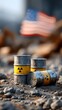 © lililia - Three yellow barrels marked with the American flag and nuclear signs are prominently displayed in front of a large American flag