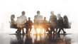 © Prime Lens - A group of business professionals gathered in a boardroom with glass walls, depicted in the style of double exposure photography against a white background