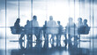 © Prime Lens - A group of business professionals gathered in a boardroom with glass walls, depicted in the style of double exposure photography against a white background