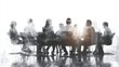 © Prime Lens - A group of business professionals gathered in a boardroom with glass walls, depicted in the style of double exposure photography against a white background
