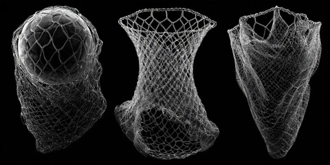 Three net-covered spheres on black background