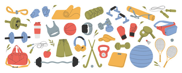 Naklejka na meble Sport equipment set. Gym accessories, training items, workout stuff, sportswear, athletic bag. Dumbbells, water bottle, fitness mat. Flat graphic vector illustrations isolated on white background