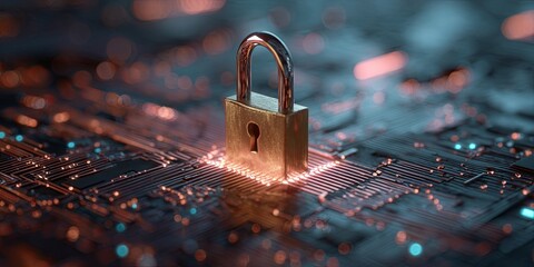 Wall Mural - conceptual image of digital security with a padlock over circuit board and glowing data connections 