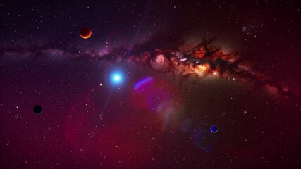 Wall Mural - Breathtaking deep space landscape featuring a brilliant blue star, orbiting exoplanets, and a vibrant cosmic nebula.