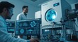 © DigitalSpace - Scientists analyzing crystal growth progress on computer monitors adjacent to a deepultraviolet laser crystal growth furnace.