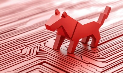 A stylized red dog sculpture is positioned on a circuit board background, creating a 3D effect. 