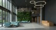 ©  Yassine DS - Sophisticated corporate lobby featuring dramatic living green wall, suspended circular lights, and modern teal furniture design