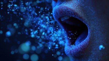 Wall Mural - Medical visualization depicts a woman yawning and exhaling glowing particles, possibly representing oxygen or other microscopic elements, against a dark blue backdrop