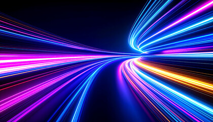 Wall Mural - Colorful light trails in motion creating a dynamic vibrant background with neon hues of pink, blue, orange, and purple on a dark backdrop