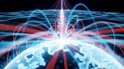 Wall Mural - Abstract digital illustration of the earth with radiating blue and red lines, suggesting global connectivity and data flow.