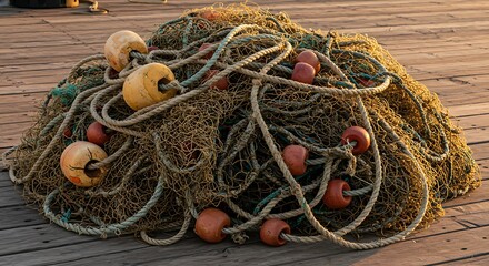 A tangled fishing net with buoys rests on a wooden dock, capturing the details.