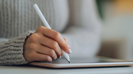 Close-up: Someone's hand using a stylus on a digital tablet, creativity, design, technology