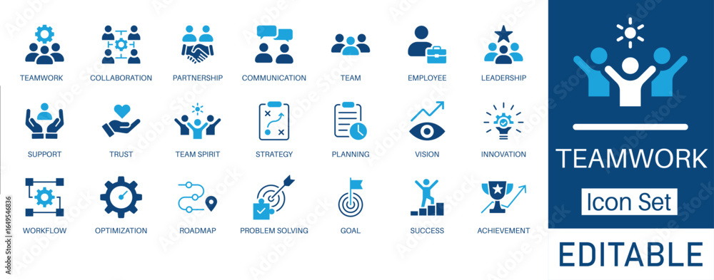 Teamwork and Collaboration solid icon set. Contains symbols for ...