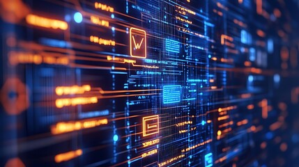 Abstract digital background with illuminated lines and data symbols representing technology and information systems photo.