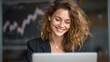 © Papisut - Woman investor smiling while checking stock performance on laptop AI technology concept