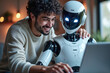 © Sync - Man and AI humanoid robot work together and collaborating while looking at a laptop, symbolizing AI partnership help job