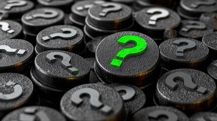 Close-up of many question marks on dark circular buttons.