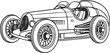 © RayZing   - Vintage Race Car Illustration – Black and White Line Art of Classic Open-Cockpit Racer with Spoked Wheels, Grille, and Streamlined Body