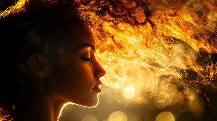 Wall Mural - a mesmerizing profile view showcases a woman with flowing hair illuminated by soft light. the image 