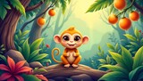 an animated monkey perched on a stone ledge amidst a lush jungle setting. the monkey has large, expressive eyes and appears cheerful, looking directly at the viewer