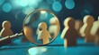 © Bombom - A magnifying glass focuses on a single wooden figure amidst a group of similar figures.  Blurred bokeh lights in the background create a soft focus