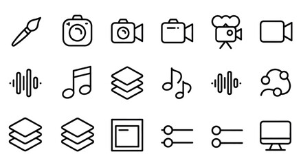 WebVector art of collection of black and white icons representing creative tools and media, including a paintbrush, camera, video camera, audio waves, music notes, layers, and a monitor isolated on wh