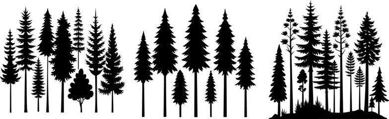 Forest tree silhouettes collection. Pine trees horizontal pattern panorama backgrounds. Vector illustration