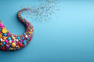 Colorful, swirling design of various small objects on a light blue surface.