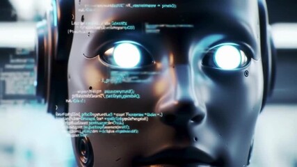 Futuristic Robot Face with Glowing Eyes and Coding Overlay in Video
