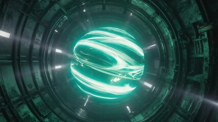 Wall Mural - bright green energy sphere rotating within a dark, futuristic metallic structure, illuminated by vib