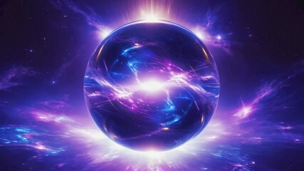 Wall Mural - large, dark sphere with swirling purple and blue energy radiates light and power against a backdrop 