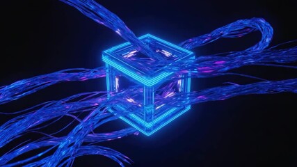 Wall Mural - multiple glowing blue wires are wrapping around a neon cube with a pink core, creating a futuristic 