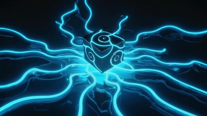 Wall Mural - black cube with glowing neon blue tribal-style lines on its surfaces, floating above a dark reflecti