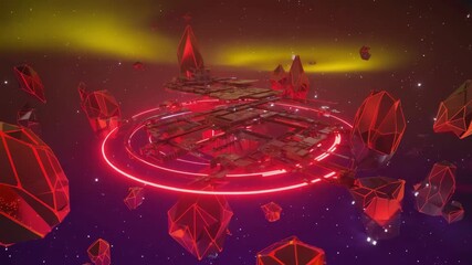 Wall Mural - glowing red rings surround a futuristic space station orbiting in deep space near a red planet with 