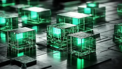 Abstract digital cubes with glowing circuits in green on dark futuristic base