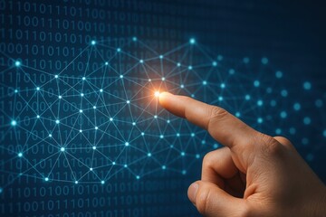 Human finger touching a glowing network of digital connections and binary code on a dark blue background