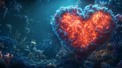Wall Mural - A surreal deep-sea heart made of coral and glowing bioluminescent lights, underwater fantasy