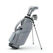 ©  Yassine DS - Minimalist Gray Golf Stand Bag with Matching Headcovers, High-Quality Sporting Gear for Commercial Use, Sleek Light Grey Golf Bag and Club Set Isolated on White