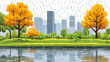 © shamim - A rainy day in the city park with trees and skyscrapers reflecting in the water surface view