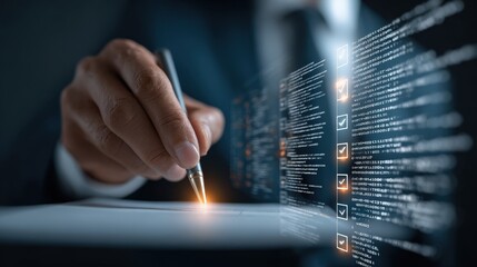 Businessperson signing document with digital code and checkmarks appearing technological innovation concept