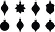 © Santo's World - Christmas ornament silhouettes, festive hanging decorations, holiday vector icons, teardrop and round shapes, black clipart set, seasonal design elements