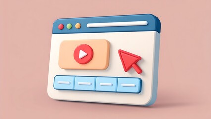 3D Rendering of Computer Interface with Play Button and Cursor, Modern Design with Pastel Colors