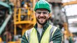 © Budi - Smiling worker with safety gear at a construction site. Green hard hat and glasses