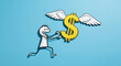 © Everlasting Dreams - A stick figure with outstretched arms chases after a flying, golden dollar sign with wings. The conceptual drawing on blue background, symbolizing the struggle to obtain or hold on to wealth.