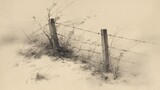 Sketchy, barren landscape with fence posts, barbed wire, and subtle grassy vegetation