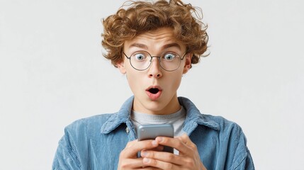 Young man with curly hair displays surprise while using smartphone, captured indoors in a bright, neutral setting