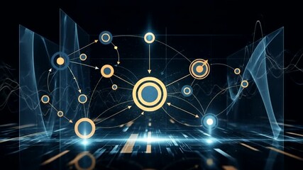 Abstract Digital Network Visualization: Interconnected Nodes and Data Flows