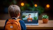 © Premium Graphics - Young student attends online class with orange backpack and laptop on a wooden desk at home